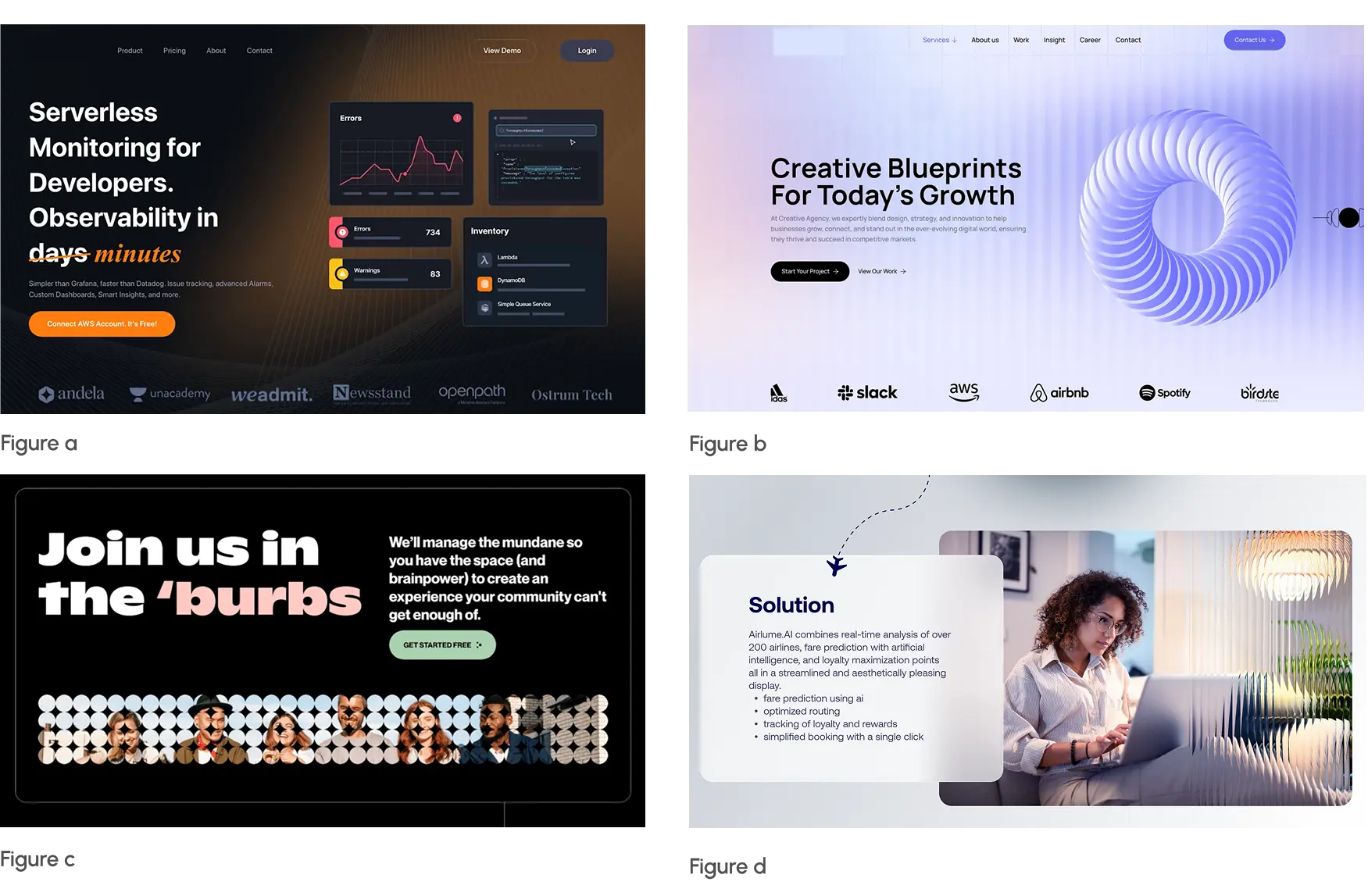 Exemples d'interfaces et de pattern glare, figure a, b, c, d de gauche à droite