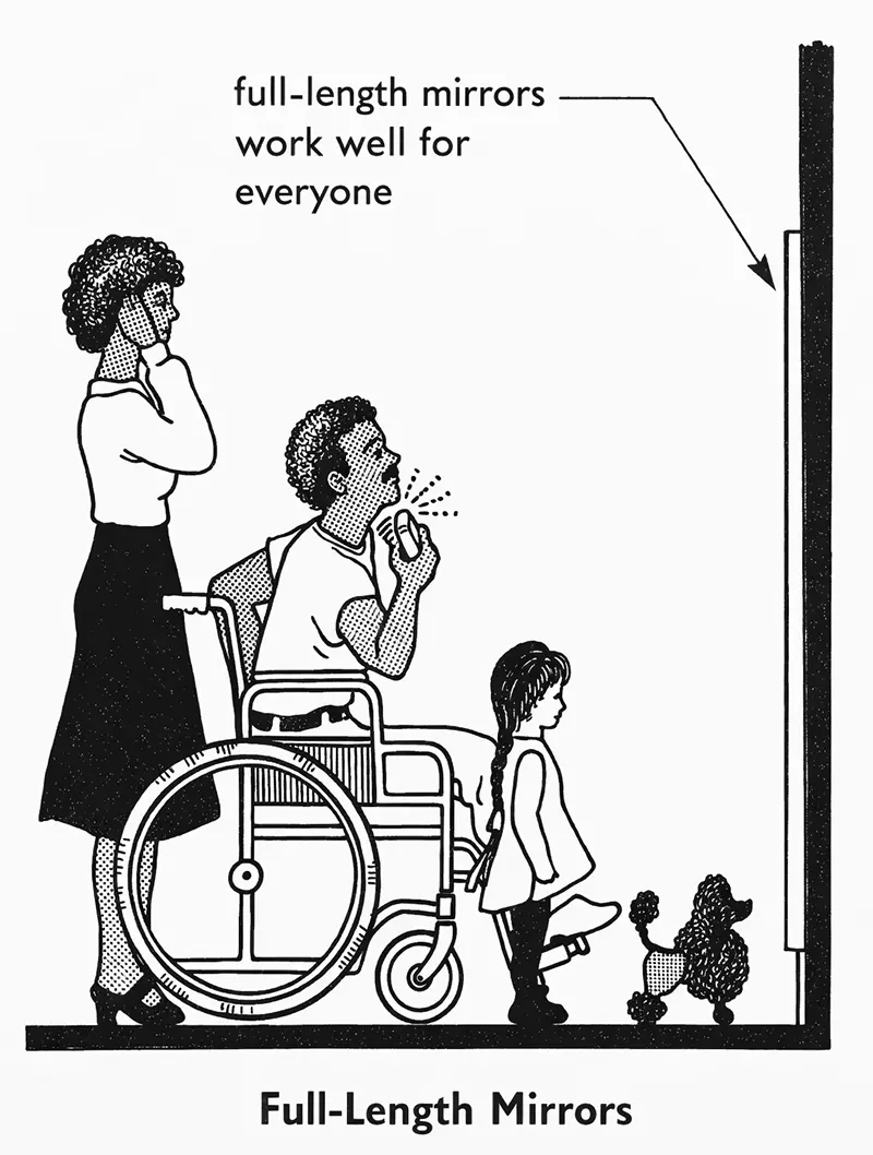 Une femme debout se coiffe, un homme en fauteuil roulant se rase, une petite fille se regarde, un caniche aussi, tous devant un miroir sur pied.